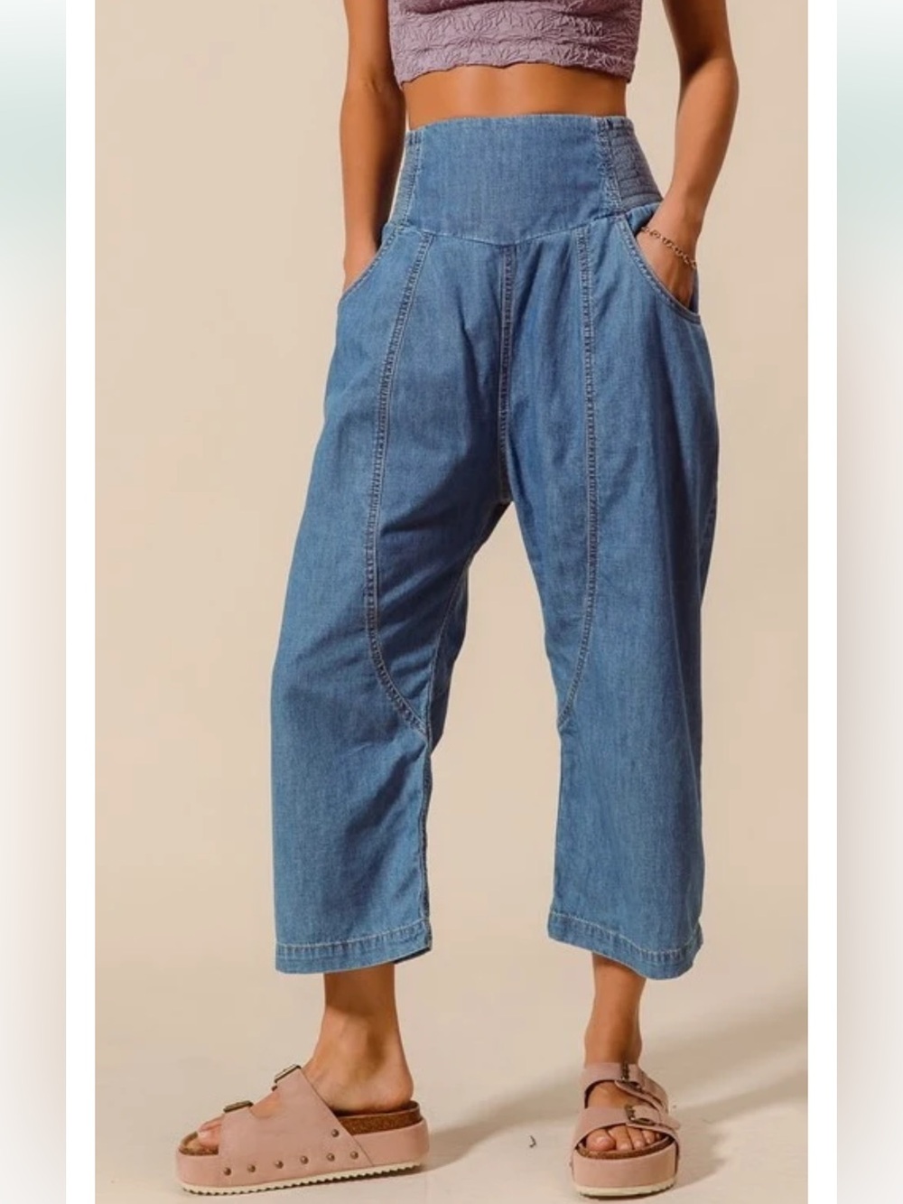 FP We The Free Lunan Harem Smoked Waist Cropped Jeans Wide Leg Size S Denim